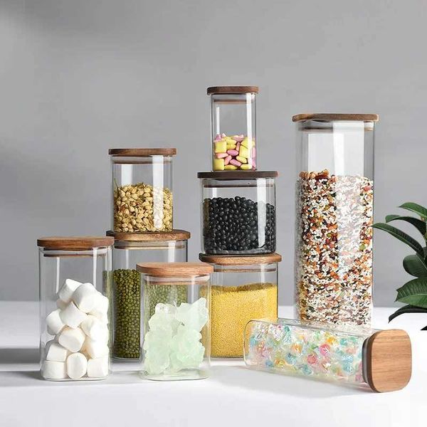 Food Sparer Storage Container 1 Quadratmeter Glas -Glas -Glas mit einem Holzdeckel zum Aufbewahren süßer Zuckerwürfelkörner Geeigneter Küchenorganisatoren H240425