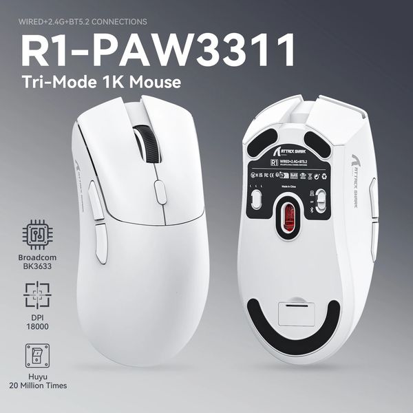 Angriff Shark R1 1KHz Maus18000DPIPAW3311Bluetooth Mousetimode Connection Makro -Gaming -Maus 240419