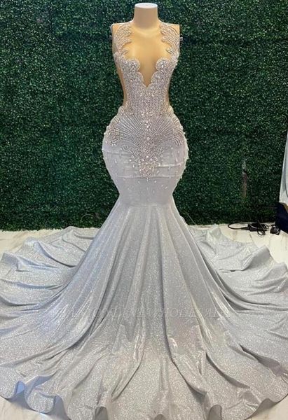 Vestidos de baile de sereia deslumbrantes apliques de pescoço de jóia sexy de jóias lantejas de longa noite Meninas negras Met Gala Vestidos de Bal BC