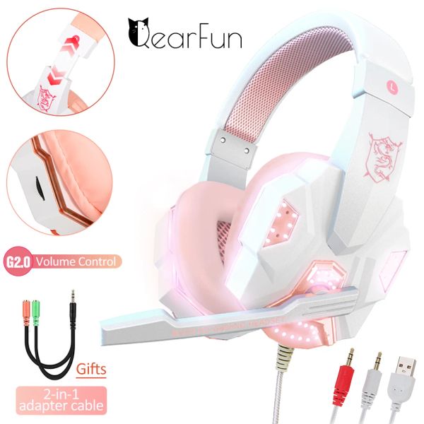 Ohrhörer QeARFun LED Headset Gamer Kopfhörer mit Mikrofon Pink Earphone Gaming Headset Gamer Girl Kabel -Helme für PC PS4 Laptop