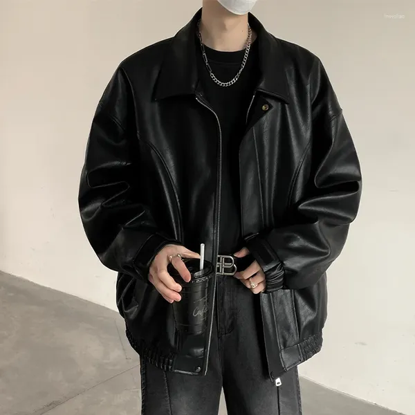 Herrenjacken koreanische modische schwarze Lederjacke Lose Revers Bomber Motorrad Personalisierter Designer Männer Kleidung
