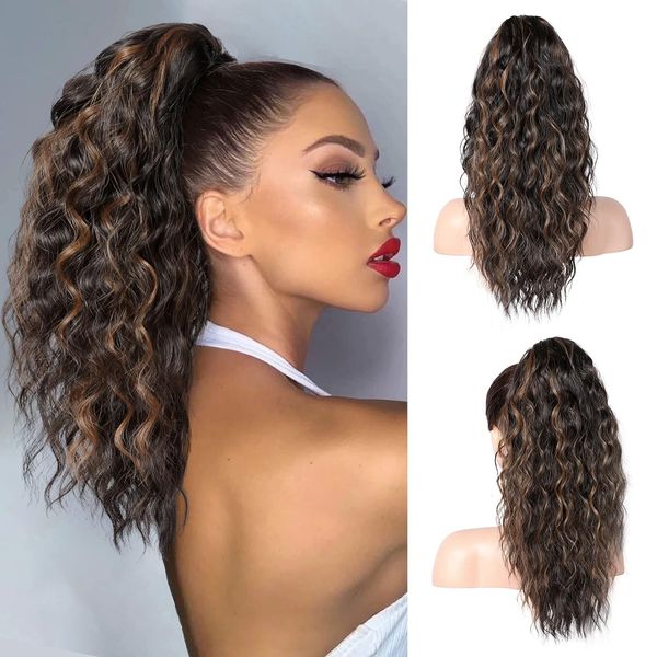 Extensão do rabo de cavalo Humano Cabelo de água longa onda mágica pasta ondulada pasta mágica Ponytail 100% Remy cabelos reais Extensões de cabelo de rabo preto natural para mulheres 14 polegadas