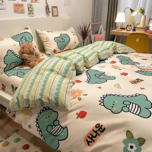 Conjuntos de roupas de cama de crianças fofas Conjunto de cama de dinossauro capa de edredão sem preenchimento Fronha de lenha plana meninos meninas queen size a cama de primavera linho de cama