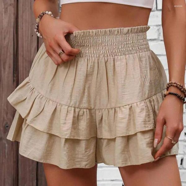 Shorts femininos Mulheres de cintura alta Ruffle elegante camada dupla para férias de verão Yoga Fitness High