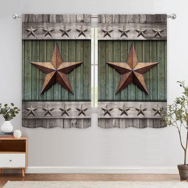 Cortina 2pcs Retro Wood Grain Star Padrão da cozinha sala de estar cortinas de escritório decoração de pano de sol