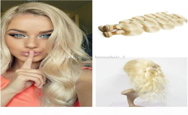 Tecidas de cabelo humano loiro com 360 banda de renda completa frontal brasileiro 613 Platinum Blonde Body Wave 3Bundles com 360 Lace Frontal C3327954