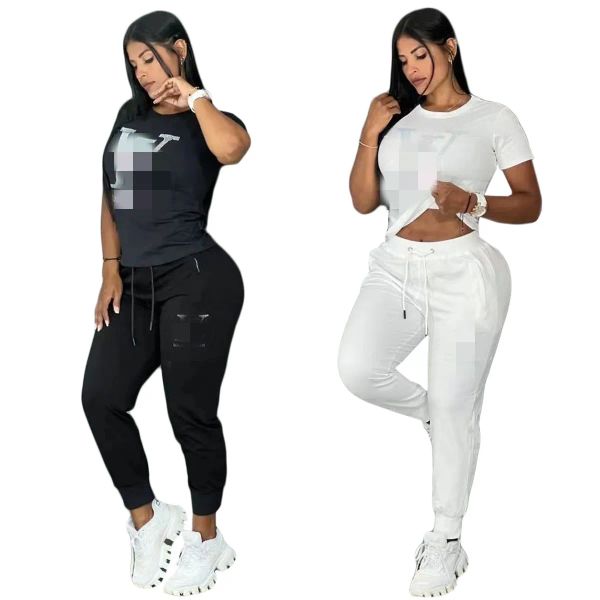 2024 Tracksuits Damen zweisteuelhafte Hosen Casual Pailletten T-Shirt und Hosen Set Sommeroutfits kostenloses Schiff