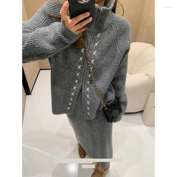 Vestidos de trabalho Autumn Winter Dress Dress Skit Skit Fashion Fashion Moda de duas peças Turtleneck Cardigan Sweater e festas elegantes damas