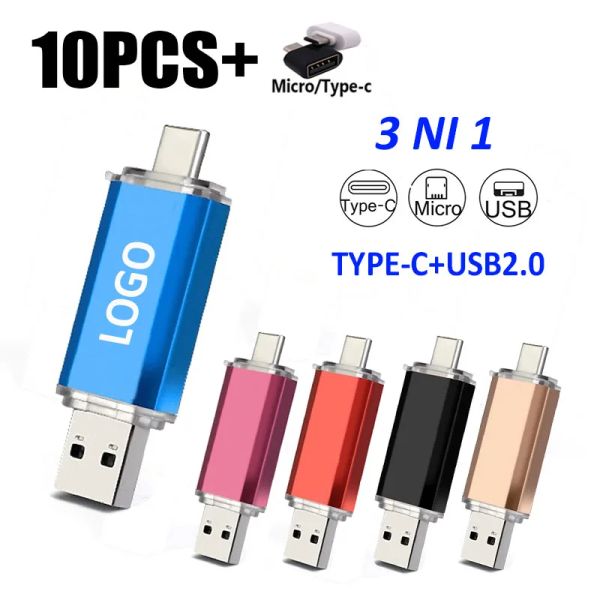 Drive 10pcs/lot typec otg бесплатный пользовательский логотип 2.0 USB Flash Drive 8 ГБ 16 ГБ 32 ГБ 64 ГБ ручки 1 ГБ 2GB4GB Pendrive для смартфона/ПК