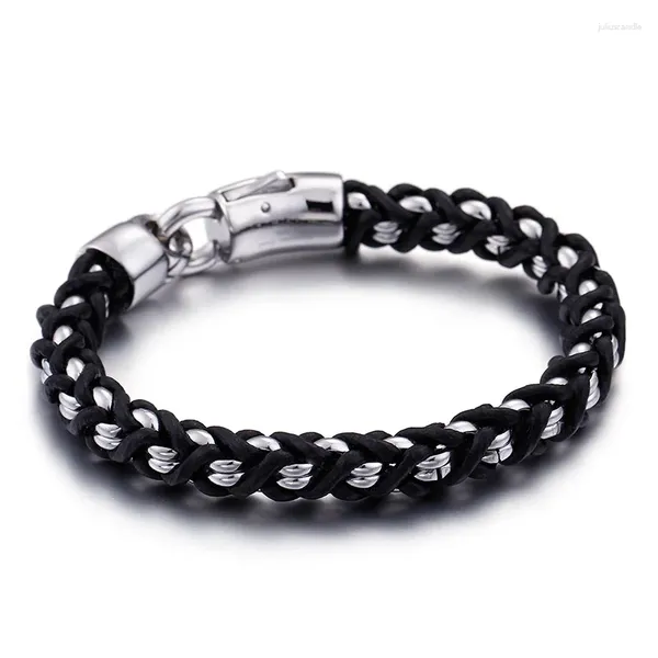 Link Bracelets Moda Menas Multilayer Color Titanium Steel Byzantine Weave Chain Chain Leatra Black Pulseras Jóias
