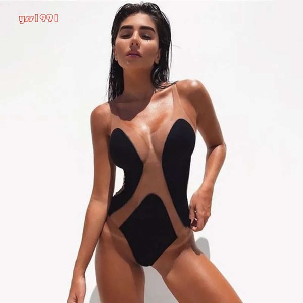 Frauen Badebekleidung sexy Mesh Patchwork Ein Stück Badeanzug Sommerstrand auf See durch Badeanzug Frauen Bikini dünne Körperanzüge