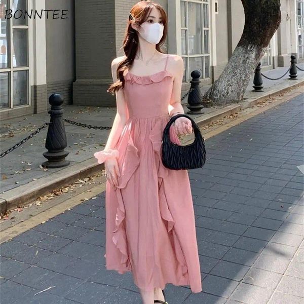 Vestidos casuais rosa babados midi vestido mulheres sem mangas estilo francês estilo sweetheart verão princesa estética graciosa chique gentil