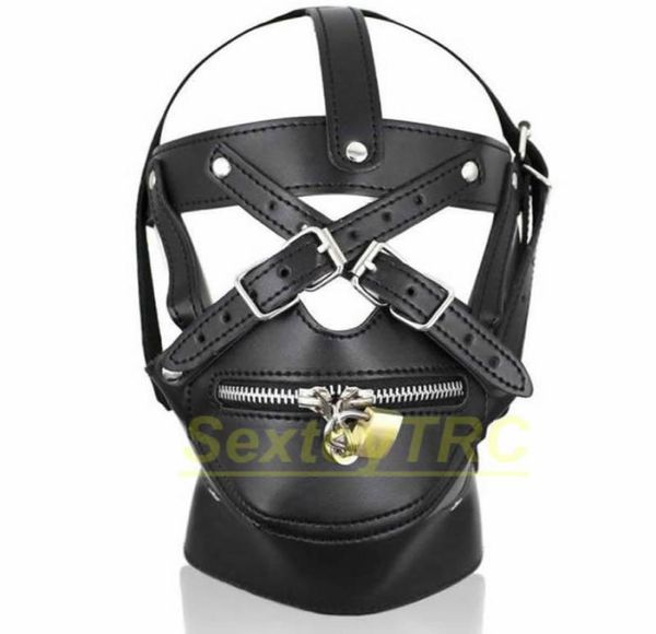 Neues Design Bondage Hood Head Maske Mündung Kabelbaum Reißverschluss Lock PU Leder für männliche weibliche neue Design Fetisch BDSM Play Costume7238693