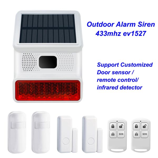 Acessórios A alarme solar sem fio Siren Sirene Outdoor Sound Light Flash Alarme Horn com 433MHz Detector de infravermelho por porta de controle remoto de 433MHz