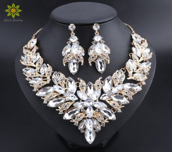 Luxusblume Indianer Brautschmuck Sets Hochzeit Kostüm goldplattierte Halskette Ohrringe Set Kristallset Schmuck für Bräute Frauen84090364