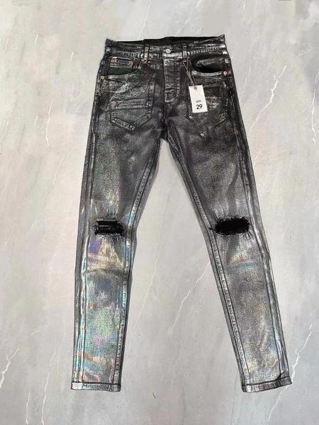 Herren Jeans Modemarke Personalisierte beschichtete glänzende reflektierende Hose strecken schlank schwarz