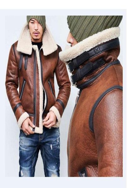 Männer Winter Pelzgürtel Kunstlederjacke hoher Nacken -Schearling -Mantel Wollfutter Langarm Herren Leder Bomber Wintermäntel5477822