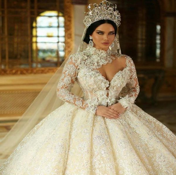 Hochnacken muslimische Hochzeitskleider Brautkugelkleider Prinzessin Langarmspitzen -Applikationen Hochzeitskleider plus Größe Perlen Pear6890429