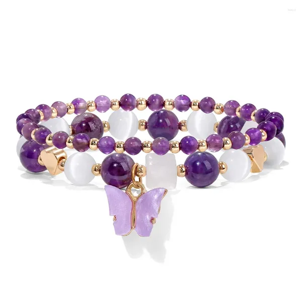 Charm Armbänder 2 Ketten Schmetterlingsarmband Naturstein Amethysts Rose Quart Aventurine Kies Chip runden Perlen Set für Frauen Schmuck