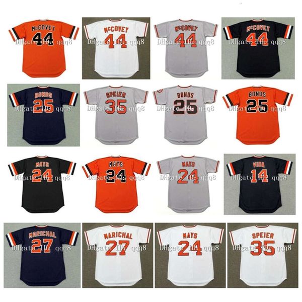 Kob retro 44 Willie McCovey 25 Barry Bonds 24 Willie Mays 14 Vida Blue 35 Chris Speier 27 Juan Marichal Grey Bianco Basotto Nero Baseball vintage Vintage Baseball