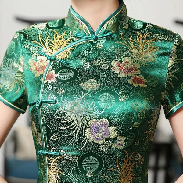 Abbigliamento etnico broccato verde raso qipao fiore mandarino collare cheongsam ad alta divisione vestidos abiti da sposa orientale per la festa estate festa