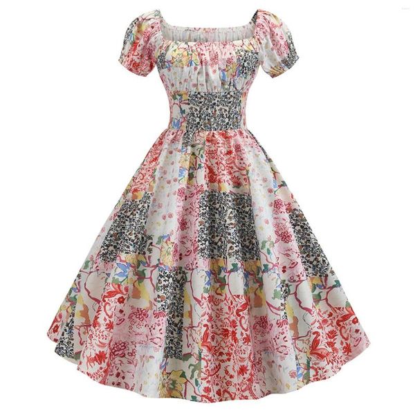 Lässige Kleider Frauen Vintage 1950er Retro Kurzarm Print Abend Party Kleid Abschlussball Swing Kleid für die Arbeit Herbst Herbst