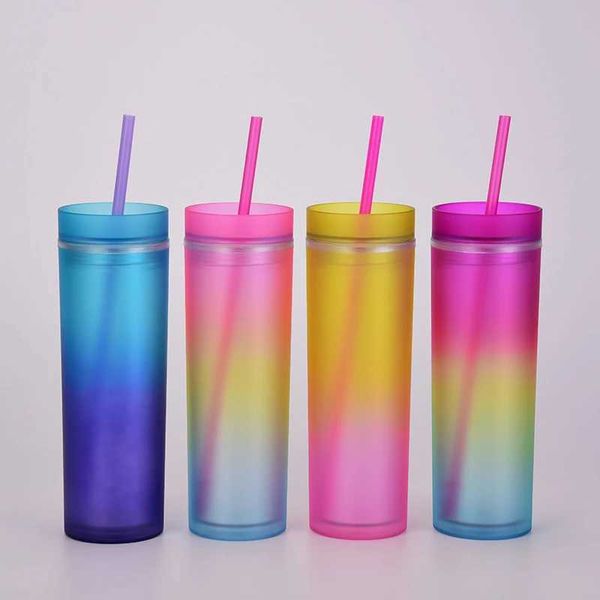 Tumbler 16oz Gradienten Regenbogen dünne Plastik Tumbler Wasserflaschen gerade Tasse Doppelschicht mit Stroh H240425