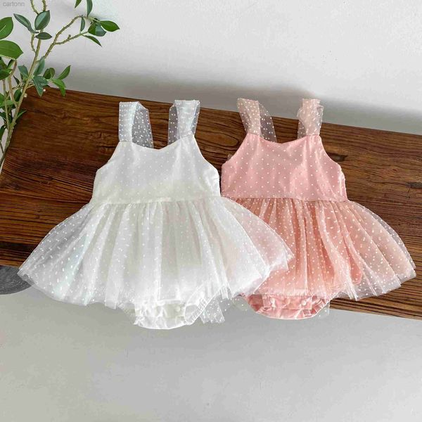 Vestidos de menina recém-nascidos macacão bebê garotas brincalhões brancos rosa elegante gaze polka dot vestido de princesa singlet 0-2yrs d240425