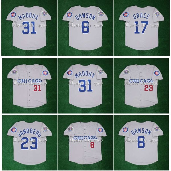 Kob Vintage Beyzbol Formaları Greg 31 Maddux 23 Ryne Sandberg 8 Andre Dawson 17 Mark Grace 1990 All Star Patch Gray Jersey