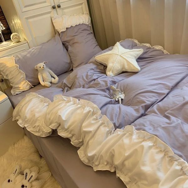 set corea principessa set di biancheria da letto viola set da letto cuscino copripiumini 3/4 pezzi decorazione per casa decorazione in foglio piatto di cotone lavato