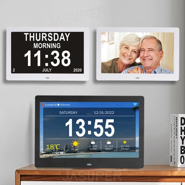 Frames 10.1/7 Zoll WiFi Senior Demenz Kalender Uhr Digitales Fotorahmen LED Großbildschaltdatumwettervorhersage