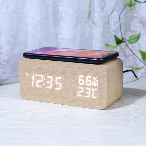 Uhren Schreibtisch Digitale Uhr Holz Wecker WLAN Ladeuhr für Tisch Schlafzimmer Schreibtisch LED Thermometer Luftfeuchtigkeitsuhr