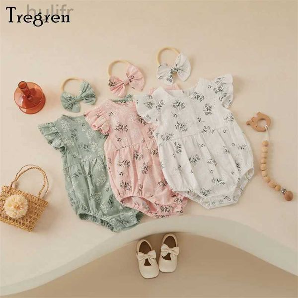 Tragren 0-24m sevimli yaz bebek giyim yürümeye başlayan çocuk kızlar pamuk sinek kolu çiçek baskısı romper üst saç bandı 2pcs kıyafetler D240425