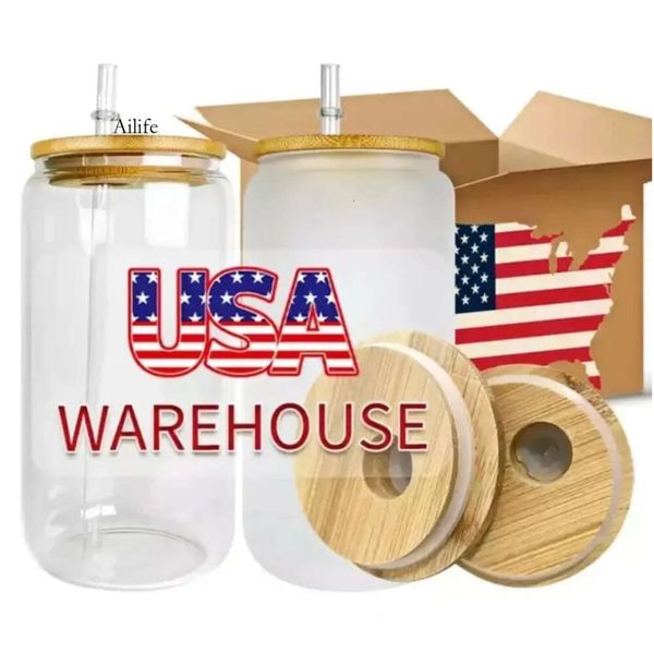 CA US Warehouse 16oz Sublimation Glasses Canecas de cerveja com tampas de bambu e copos de palha Diy Blanks latas de transferência de calor xícaras geladas pedreiros pedceneiros i0424 0425