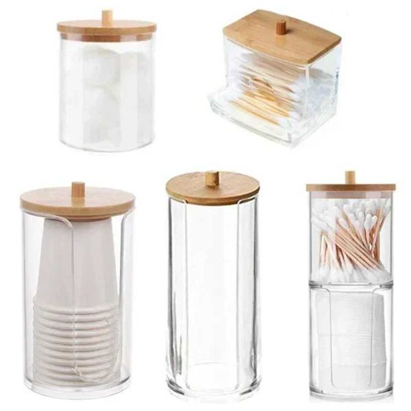 Aufbewahrungsboxen Bins Acrylbox Badezimmer Jar Make -up Organizer Baumwoll -Rundkissen -Halb -Swab -Qtip -Spender mit Bambusdeckel H240425