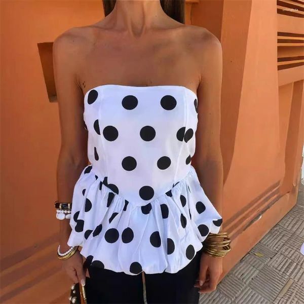 Tank da donna Fashion Black Dots Tops senza spalline per donne Ruffles Summer Pieted Girls White White White Casual Lady Blusas Blusas