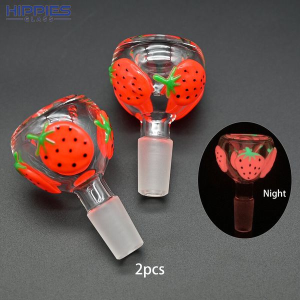 2pcs 6,5cm/2,5N Borossilicate Acessórios de tubos de vidro, luminoso desenhado padrão de morango, tigela de vidro masculino de 14 mm, acessórios para fumantes