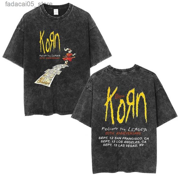 Camisetas masculinas korn siga o líder do 20º aniversário wash camiseta metal gótico banda de rock banda de rock mascul
