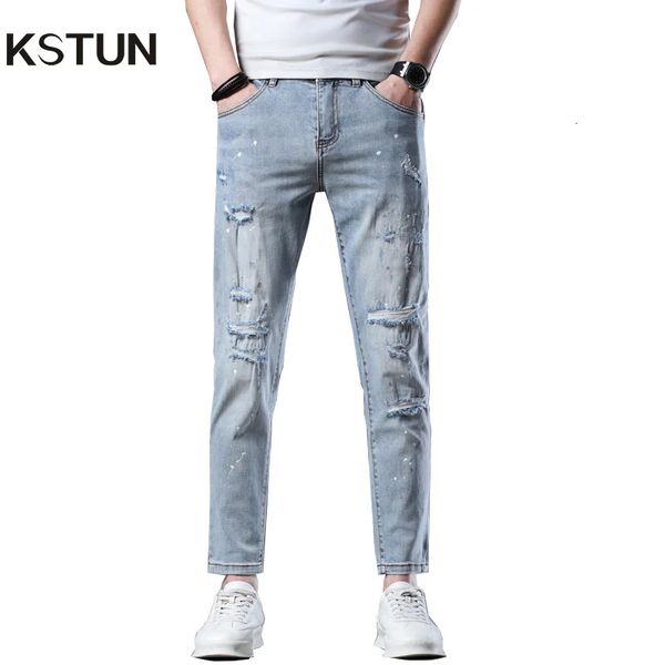 Hip -Hop -Jeans für Männer zerrissener Knöchelhosen hellblau Stretch Malerei Patchwork -Kleidung berühmte Marke 240417