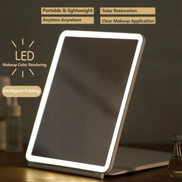 Spiegel LED -Make -up -Spiegel tragbare Faltspiegel Touchscreen Eitelkeitsspiegel Drei Farben Leichte Modi Wanderer Spinktisch Spiegel