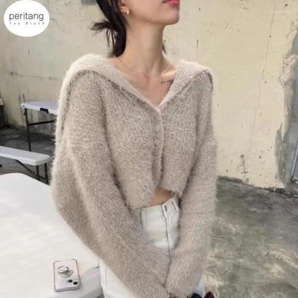 Damen Strick Peritang Pullover Chic Herbst und Winter Oberbekleidung Frauen Seemannskragen Schnalle Weiche Klammern, kurze gestrickte Oberseite