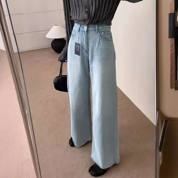 Jeans de cintura alta de botão duplo de verão para feminino 2024 NOVOS PEDOS DE TRUSER FEITO PALHAS DE CRUPTA DE LEGAS largas da borda larga