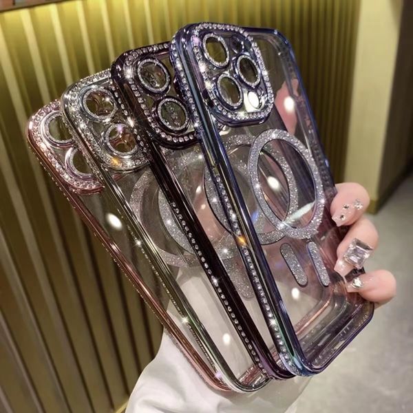 Caixa de telefone magnético transparente de strass com filmes de lente para iPhone 15 Plus 14 13 12 11 Pro MAX Frame Conjunto com diamantes Cover Choque à prova de choque Drop