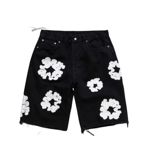 Mode Jeans Teers Shorts Designer Shorts Jean Blume bedruckte Shortpants Schlanke Männer Hellblau Denim Shorts Kranz Waschjeans Kapok Blume Shorts Denim Fabric