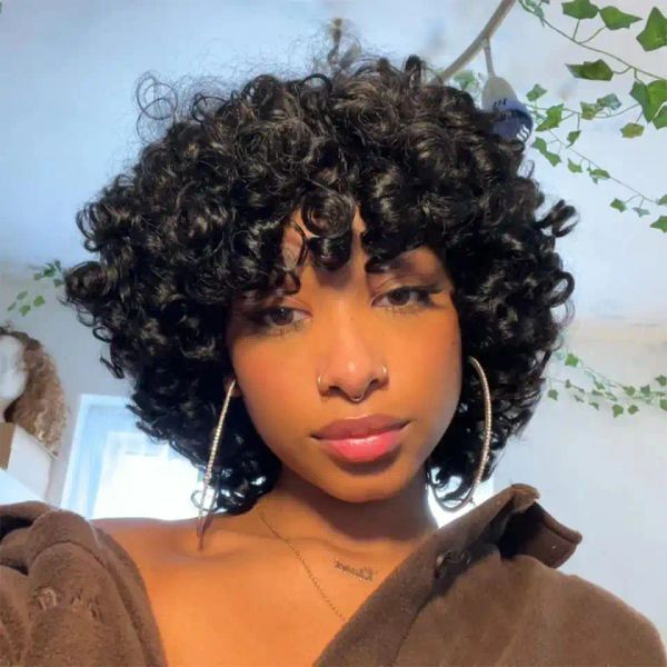 Perucas subiram a curta peruca bob com Bangs Funmi Curly Human Hair Wigs Moda de glue brasileira Funmi Curls Full Machine Wigs