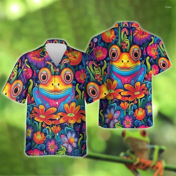 Männer lässige Hemden Blumenfrosch 3d gedruckt für Männer Kleidung Harajuku Mode Hawaiian Blumentier Grafik Strand Hemd Frauen Y2K Blusen