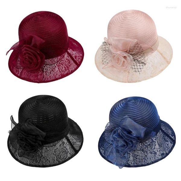 Beretti F42F Summer Spring Sheer Filati Cappello Secchio Cappello da donna per il campeggio Prendendo il floppy con decalcomanie di fiori per tea party