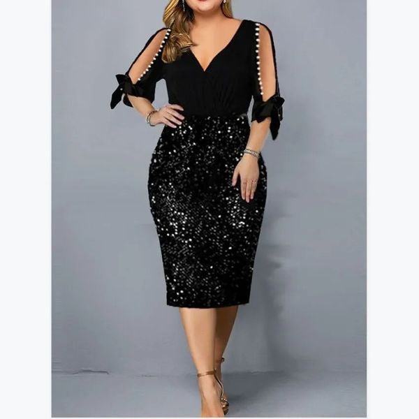 Büyük boy giyim yaz gevşek kadın ince elbise seksi v boyun kişiselleştirilmiş payet tasarımı artı parti vestidos 240417