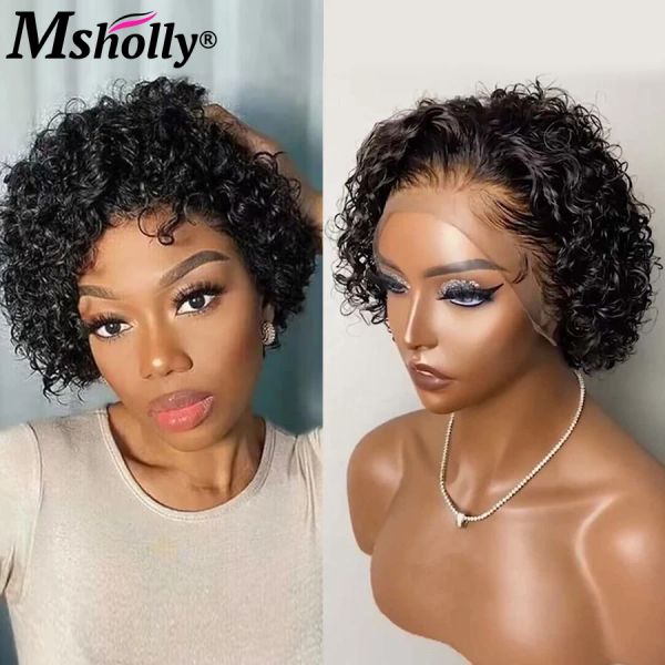 Парики Pixie Cut Curly Human Hair Wigs HD 13x1 Прозрачные кружевные парики для женщин, предварительно подготовленных натуральной линии волос, бразильские рудовые парики