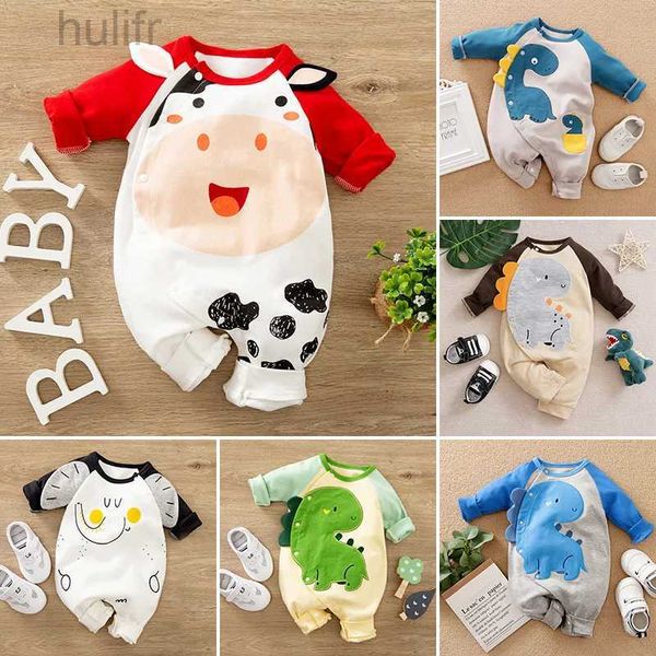 Rompers recém-nascidos macacão algodão conforto de manga longa unissex baby bodysuits desenhos animados estilo animal 0-2 anos de idade menina menina roupas d240425